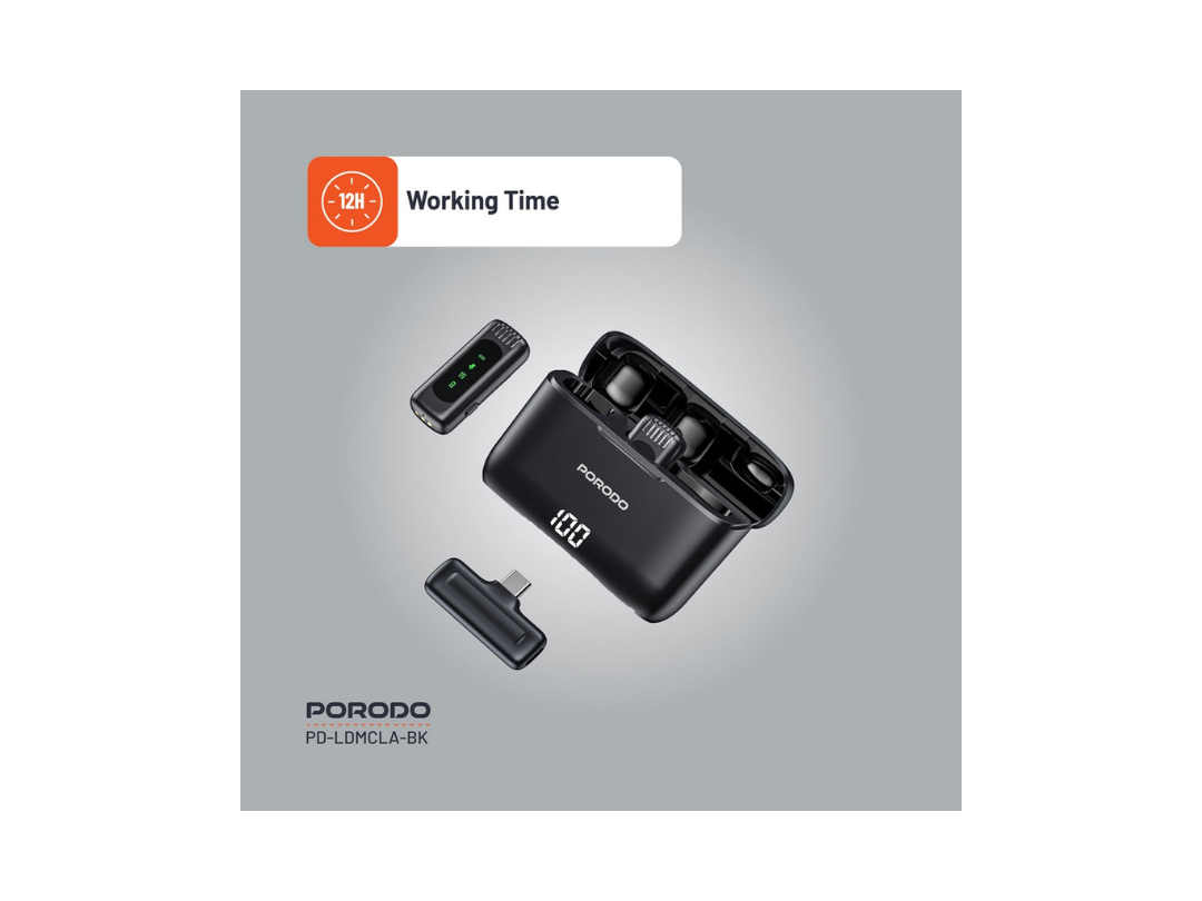 Porodo Lavalier Double Microphone with Charging Case - Black Porodo Lavalier Double Microphone with Charging Case - Black
